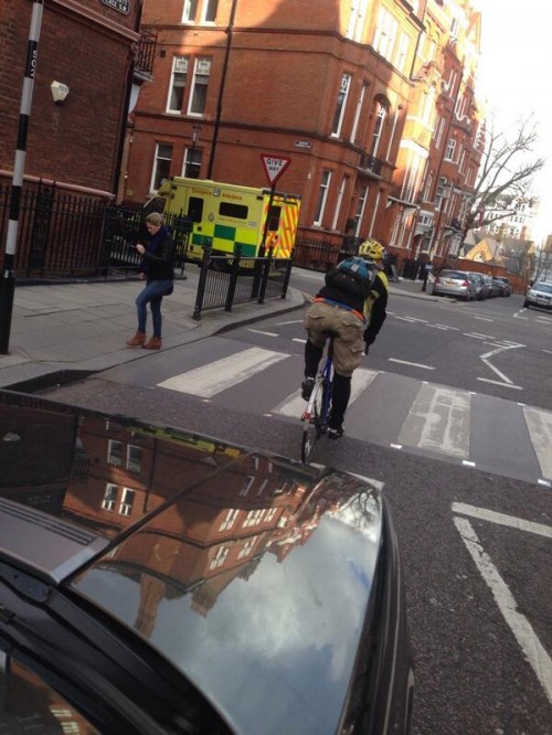 Clarkson's infamou picture of cyclist in middle of road. If I was turning right, I'd do the same. I hope he wasn't using mobile phone while driving.